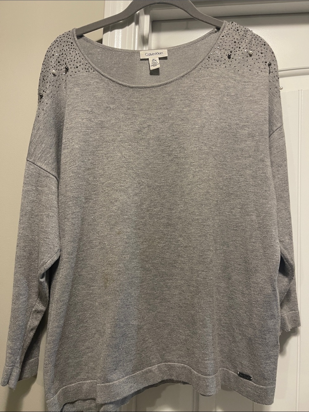 Calvin Klein Light Gray Embellished Shoulder Scoop Sweater